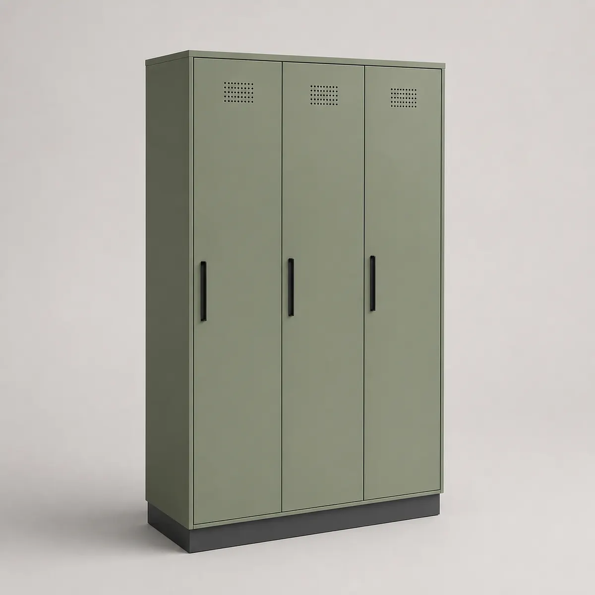 Three-door workplace locker, the real-world character this definition is written to capture